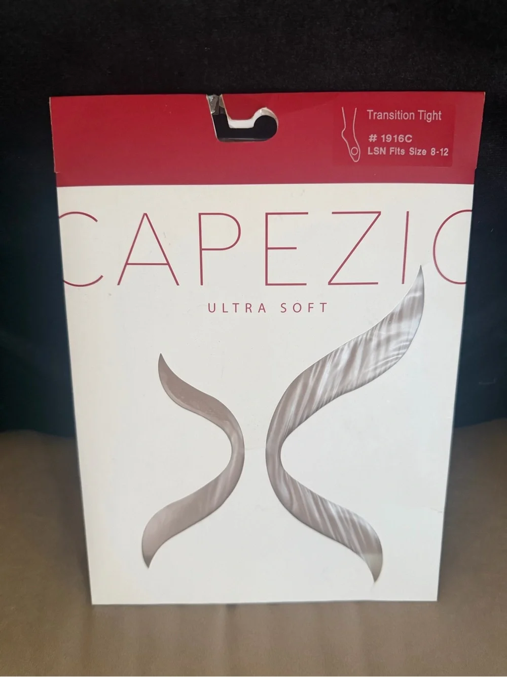Capezio Ultra Soft Transition Tights Packaging in White and Red